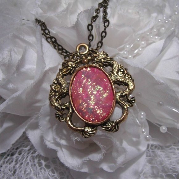 PINK RAINBOW OPAL Dragon setting Necklace Cameo - Picture 2 of 4